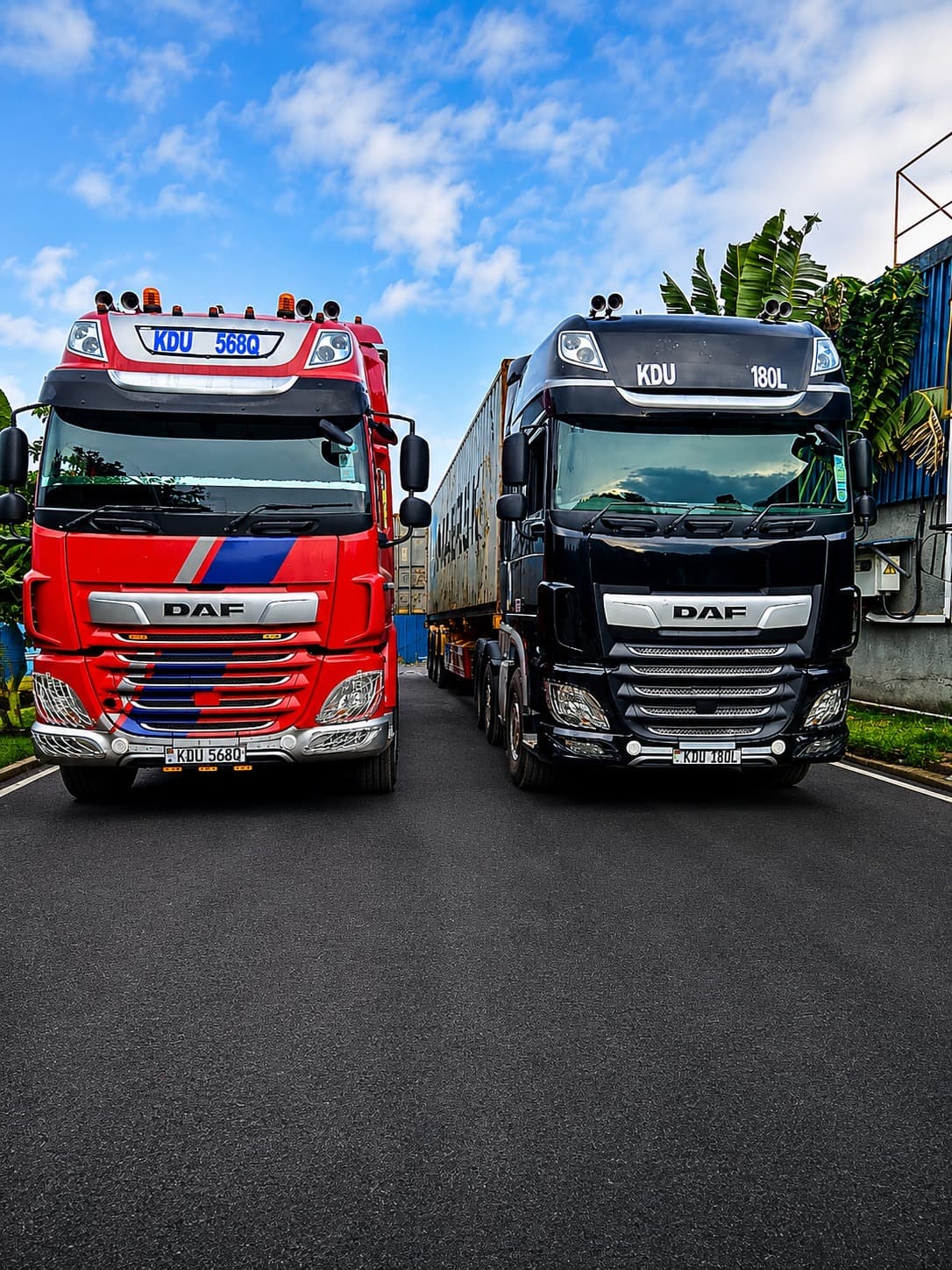 Two Mairem Transport DAF tractor units parked nose to nose under a clear blue sky