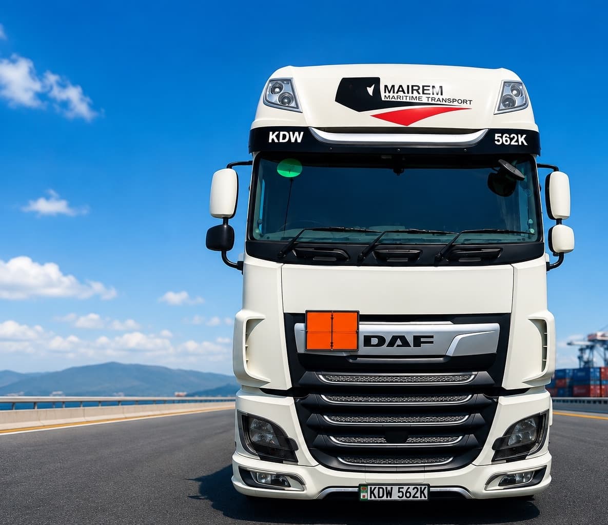 Mairem Transport DAF truck on a coastal highway near the port