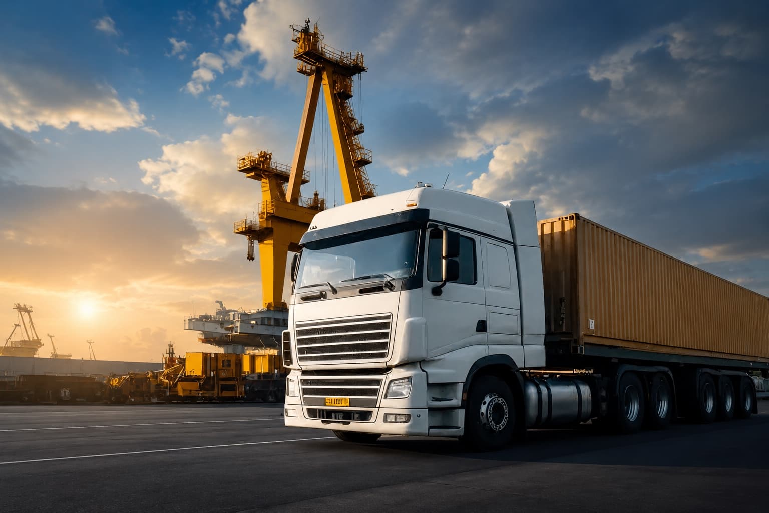 Container truck at the port under a gantry crane at sunset