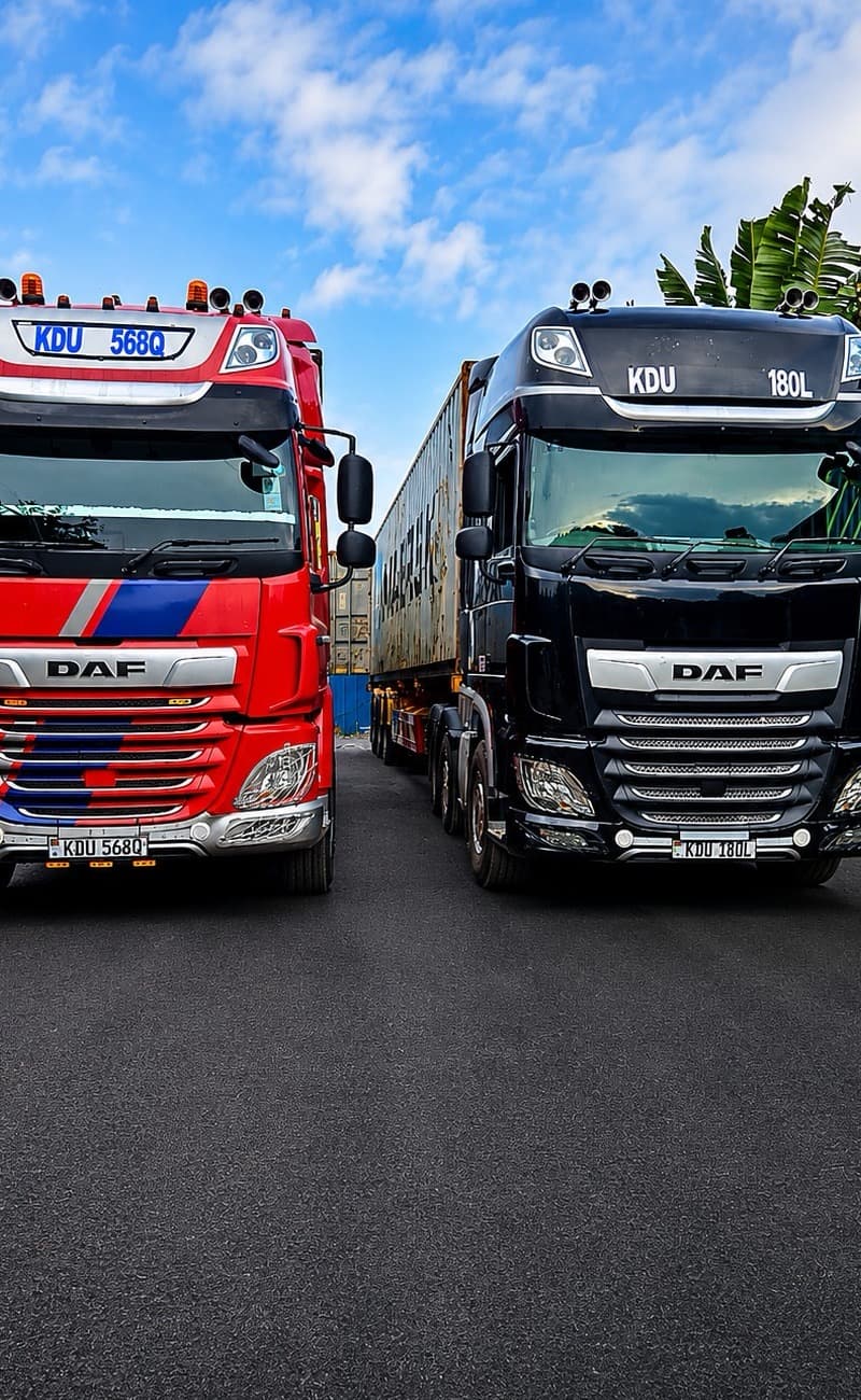 Two Mairem Transport DAF tractor units parked nose to nose, one hauling a shipping container