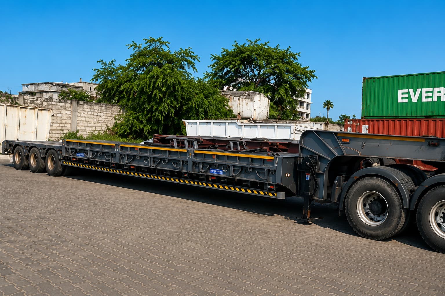 Mairem Transport lowbed trailer at the yard, loaded with steel cargo